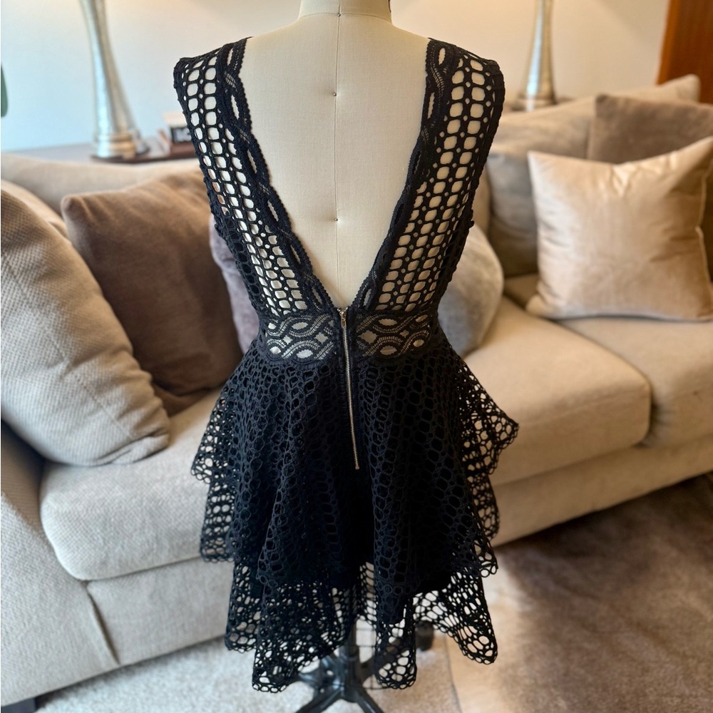 Tiered Black Lace Mini Dress with Deep V - Picture 3 of 5